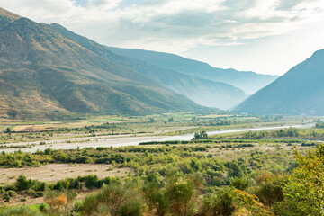 Obraz premium Mountain landscape in Albania. The beautiful summer nature in Europe. Adventure travel in Albania. 