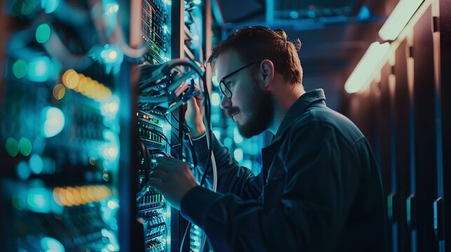 A technician works on a server rack, managing cables and connections in a modern data center with vibrant lighting.