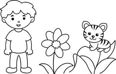 Joyful Days in Bloom Vector Art with Boy and Tiger Together
