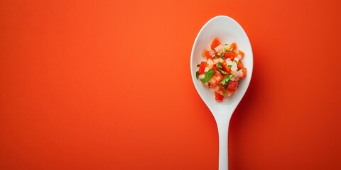 finger food on a white spoon isolated on orange background luxury cuisine
