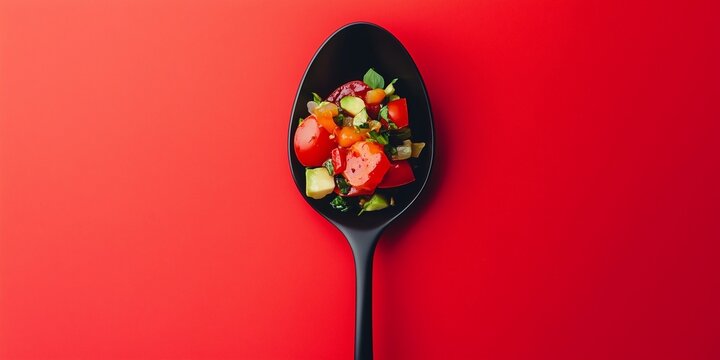 apetizer on a bleck fork isolated on red background