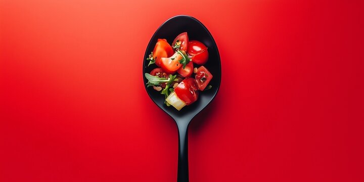 apetizer on a bleck fork isolated on red background