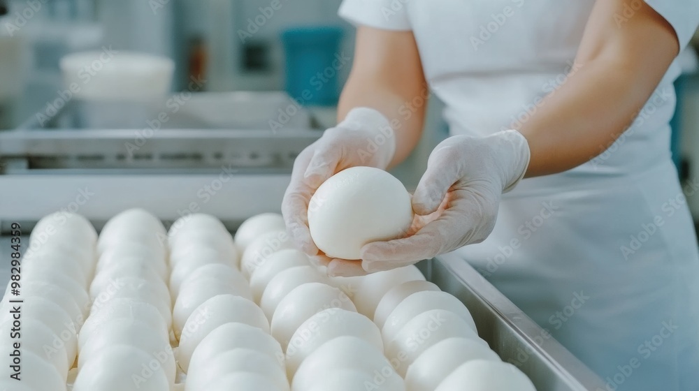 Canvas Prints A woman in white gloves holding an egg on a conveyor belt, AI