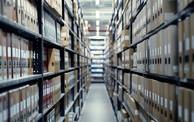 A view of organized archival shelves filled with labeled boxes, showcasing a well-maintained storage environment.