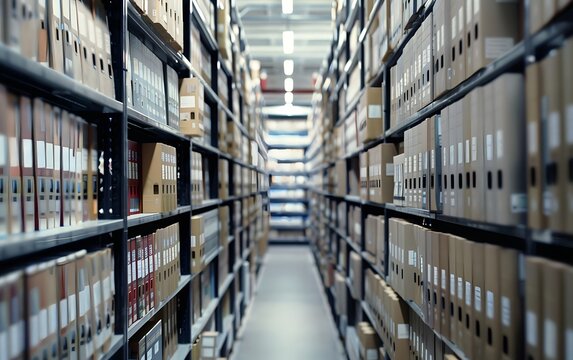 A view of organized archival shelves filled with labeled boxes, showcasing a well-maintained storage environment.