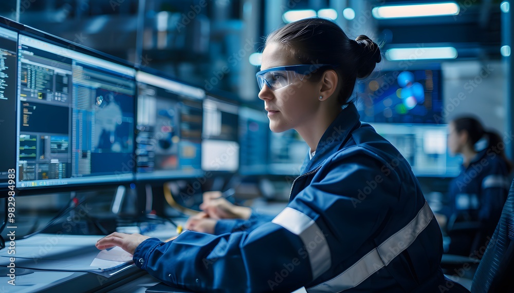 Poster focused woman using computer in a digital workspace, analyzing data with advanced technology and inn