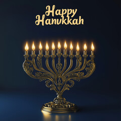 Fototapeta premium Happy Hanukkah, 3D Elegant Menorah Lighting of a beautifully ornate menorah with glowing candles