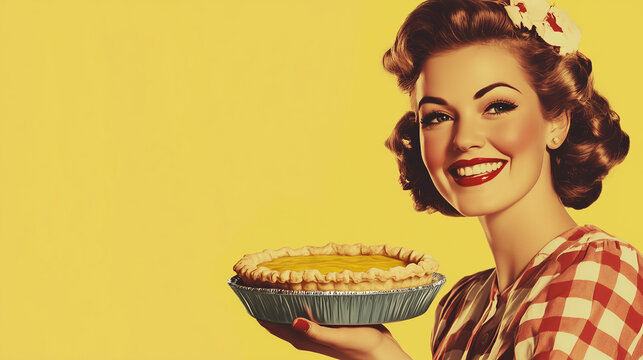 A vintage commercial style illustration of a perfect retro style traditional housewife in candy colours, smiling and holding a fresh baked pie. Wide landscape 16:9 with copy space, text blank