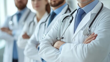 Fototapeta premium A group of doctors stand together in a line, all wearing white coats