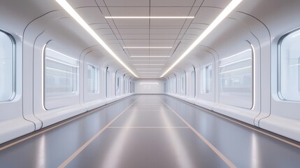 Obraz premium A modern, spacious corridor with sleek walls and large windows, perfect for futuristic architectural designs and transportation concepts.