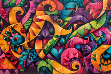 A colorful painting with a lot of different shapes and colors