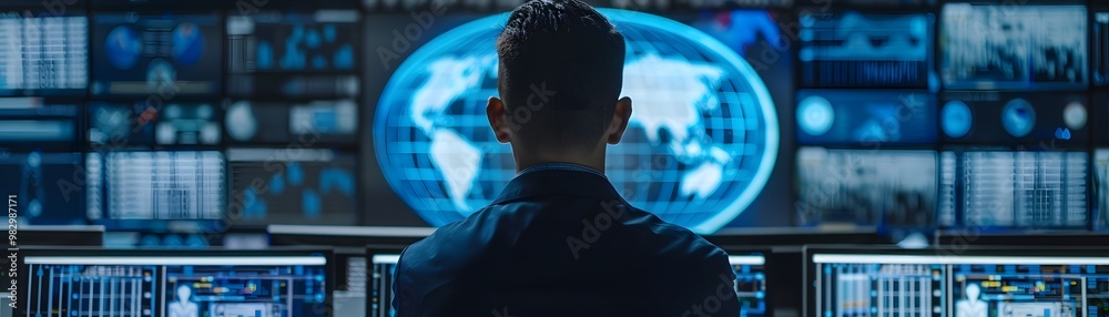 Poster a focused individual monitors data on multiple screens in a high-tech control room with global maps 