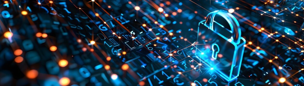 A digital lock symbolizing cybersecurity amidst a backdrop of binary codes and glowing data streams.