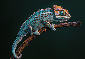 Fototapeta premium Chameleon with Intricate Patterns Resting on Branch – Wildlife Close-Up