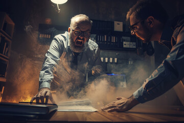 Two men are in a heated argument in a dimly lit room