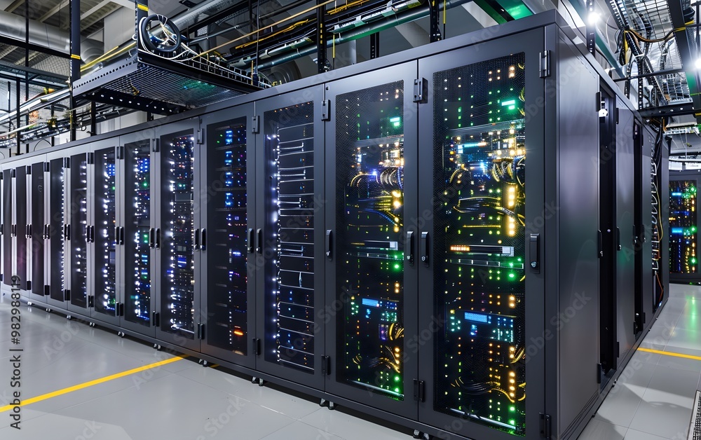 Poster a modern data center featuring sleek server racks illuminated by colorful led lights and a high-tech