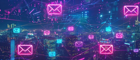Obraz premium A futuristic digital landscape featuring neon email icons, representing communication in a tech-savvy urban environment.