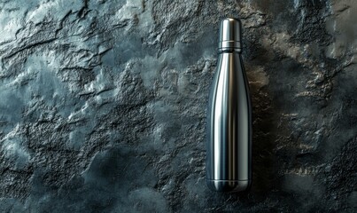 Metallic water bottle on a dark, textured background.