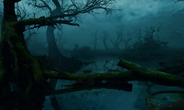 Eerie and mysterious swamp at night captured in a haunting time-lapse