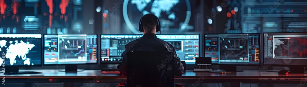 Poster a professional working intently at multiple monitors in a futuristic control room, analyzing data an