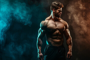 Obraz premium A muscular man stands in front of a blurry background with smoke