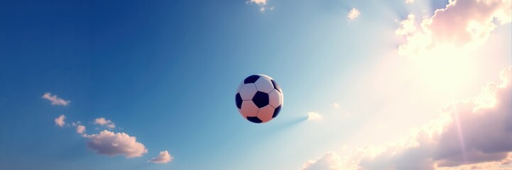 A dynamic shot of a soccer ball soaring through a clear blue sky, capturing the energy and spirit of the game. Perfect for sports promotions and activities.