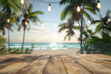 Fototapeta premium A serene beach scene with wooden deck, palm trees, and glowing lights, perfect for relaxation and vacation imagery.