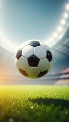 Naklejka premium A dynamic image of a soccer ball in mid-air, capturing the excitement of the game in a vibrant stadium setting. Perfect for sports marketing and promotional materials.