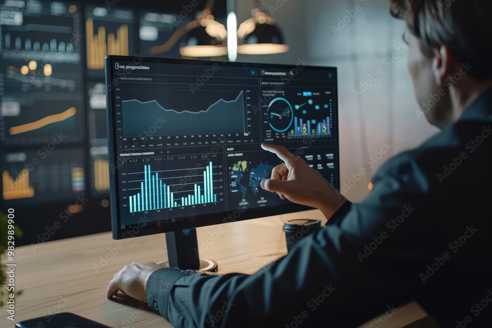Poster a man is pointing at a computer monitor displaying graphs and charts