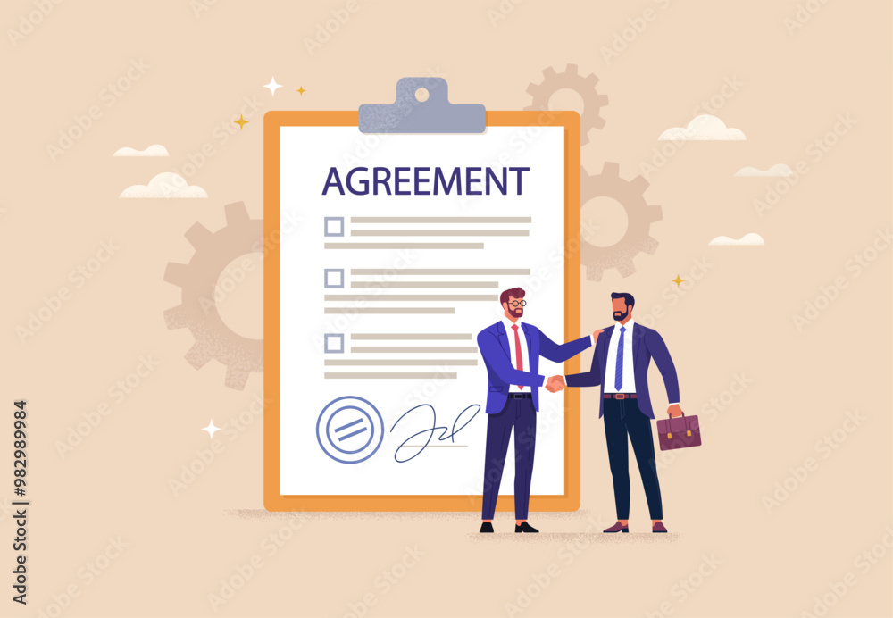 Poster business agreement concept. vector illustration in flat style of two men in business suits shaking h
