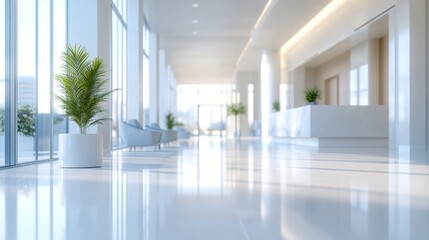 Fototapeta premium Modern, bright lobby interior with sleek white design, large windows, and potted plants creating a clean, airy atmosphere in a corporate or hotel setting.