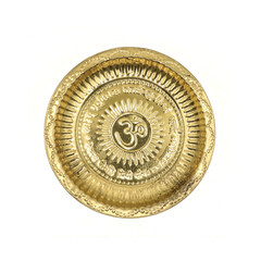 ancient golden tray with an engraving of sacred om symbol on white background
