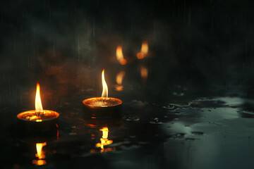 Three candles are lit in a dark room with rain outside