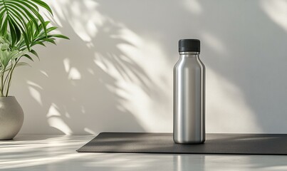 Stainless steel bottle on black mat with sunlight.