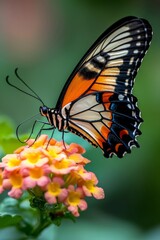 Obraz premium Close-up of a butterfly perched on a colorful bloom, with blurred greenery in the background creating a dreamy effect