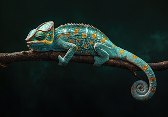 Fototapeta premium Beautiful Blue and Orange Chameleon on Branch – Wildlife Stock Photo