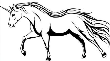 A simple, black outline of a unicorn horse. The image is isolated, meaning it has a clear background.