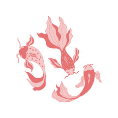 Three decorative fish on white background. Hand-drawn fishes koi. Vector illustration. Doodle style.