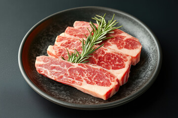 Fototapeta premium Sliced wagyu marbled beef for yakiniku on plate on black background.