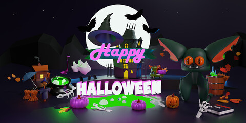 Halloween background. Holiday Halloween poster, web banner, greeting card, cover for party invitation. Bright realistic 3d pumpkins.