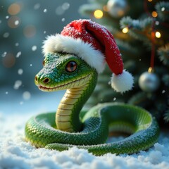Fototapeta premium A festive green snake wearing a Santa hat, surrounded by snow and Christmas decorations, perfect for holiday-themed designs, cards, and marketing materials.