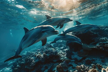 Naklejka premium Underwater View of Dolphins Swimming in the Deep Blue Ocean