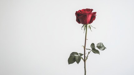 A single red rose, perfectly isolated against a plain white backdrop.