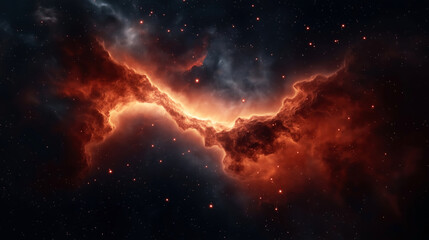 Obraz premium A stunning image of a vibrant red and orange nebula in space, surrounded by numerous stars. The nebula appears dense and illuminated against the dark backdrop of outer space.