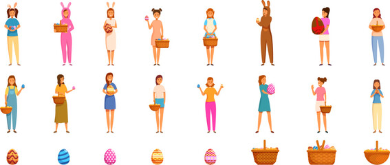 Girl holding Easter eggs icons set. This set of icons features people celebrating easter sunday with painted eggs and baskets