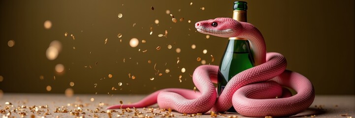 A playful pink snake coils around a champagne bottle, creating a unique visual that blends wildlife and celebration, perfect for marketing events or upscale parties.