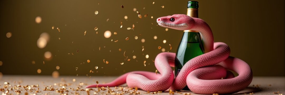 A playful pink snake coils around a champagne bottle, creating a unique visual that blends wildlife and celebration, perfect for marketing events or upscale parties.