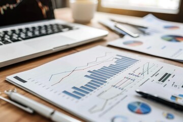 Business Charts and Financial Analysis with Pen and Laptop on Desk