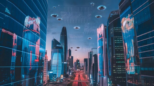 High-tech cityscape glowing skyscrapers, flying cars, neon lights, drones background, AI generated