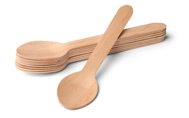 disposable wooden spoons isolated white background, eco-friendly alternative single use cutlery used in parties, picnics, takeaway meals
